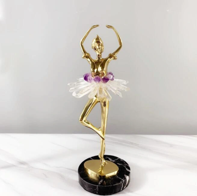 Gemstone Marble Base White Crystal Amethyst Aura Burgundy Aventurine Ballet Dancer Home Brass Home Decor Craft